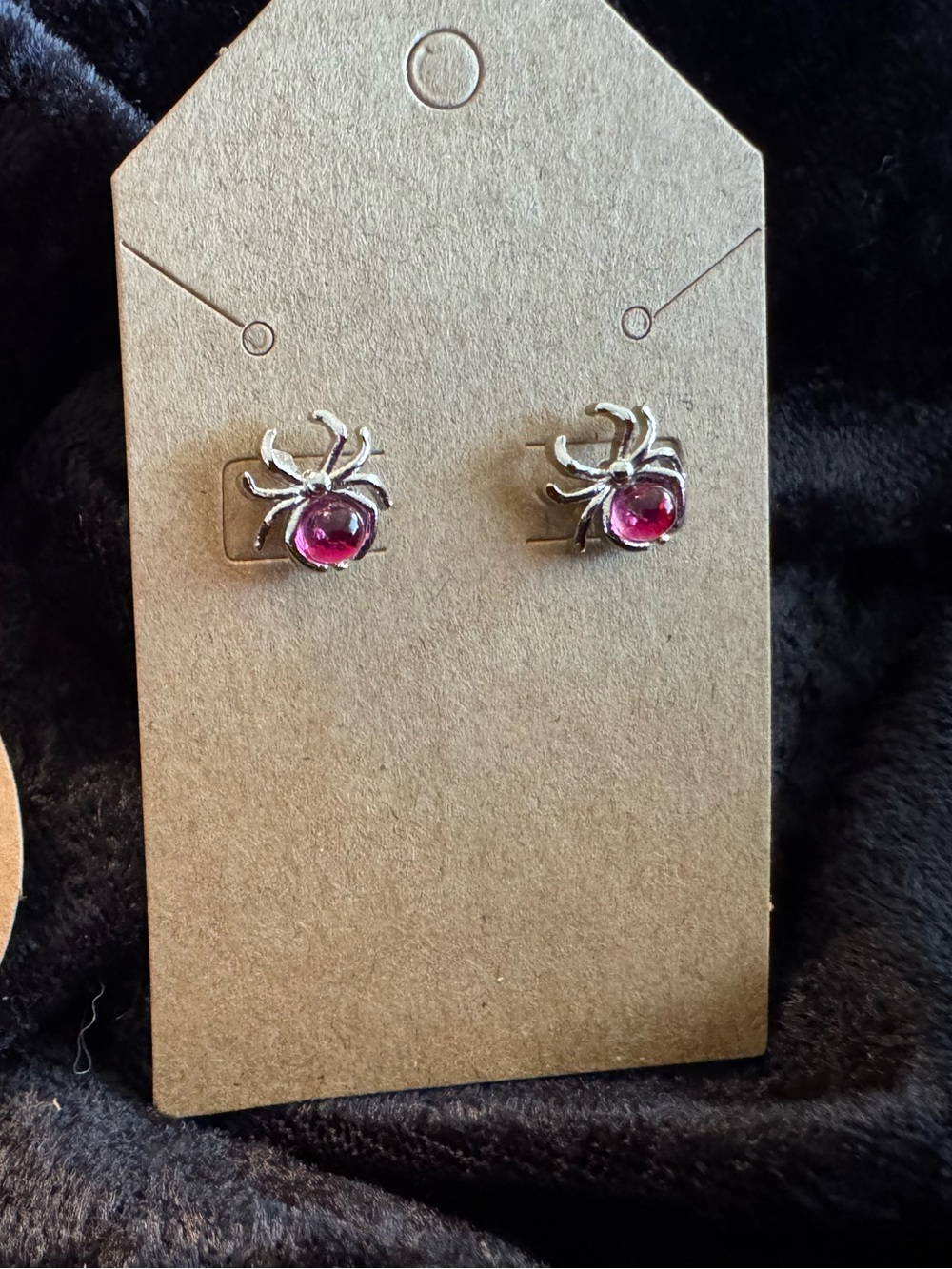 Silver Spider Stud Earrings with Pink Gem